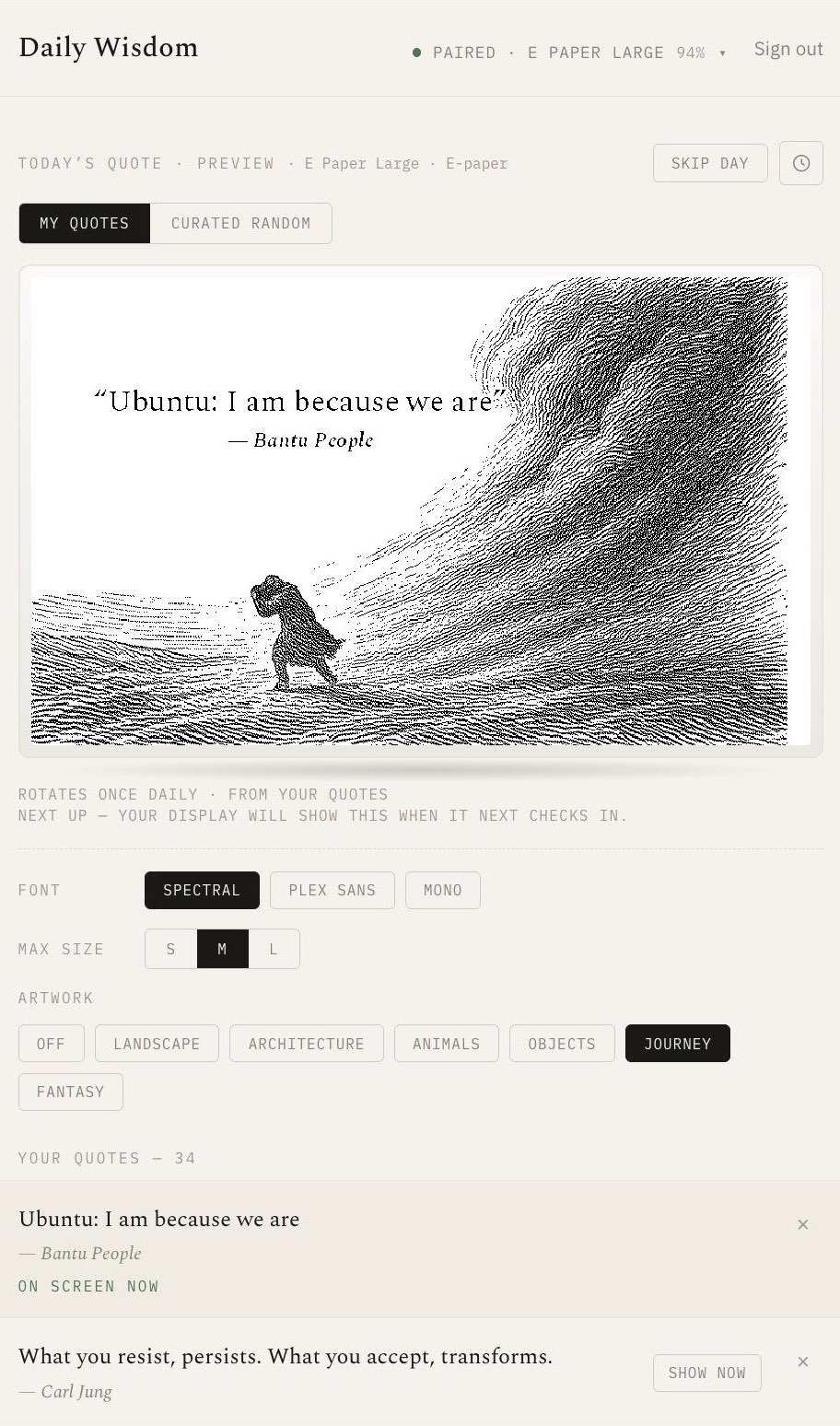 The Daily Wisdom dashboard in a browser: a preview of today's quote over an engraving of a stave church, pickers for font, maximum text size and artwork theme, and two entries from the owner's own quote list, the first marked as on screen now