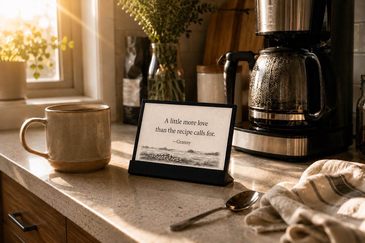 The display on a sunlit kitchen counter beside a mug, a spoon and a coffee maker, showing a quote credited to Grandma over an engraving of open country