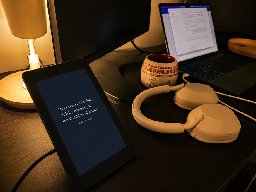 The display on a desk at night beside headphones and a laptop