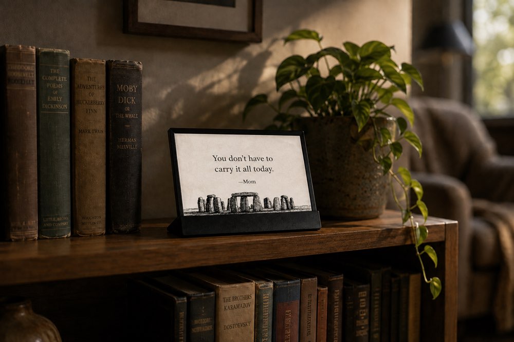 The display on a bookshelf in afternoon light, showing a quote credited to Mom over an engraving of Stonehenge
