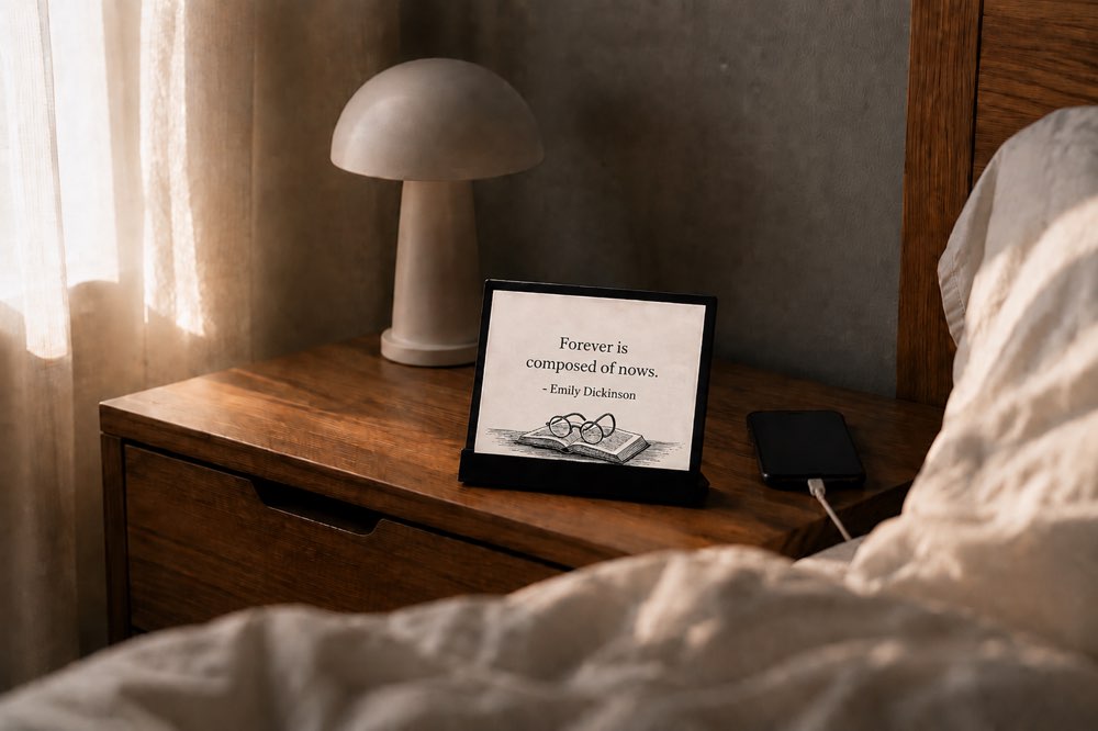 The display on a bedside table at dawn beside a lamp and a charging phone, showing a quote from Emily Dickinson over an engraving of reading glasses on an open book