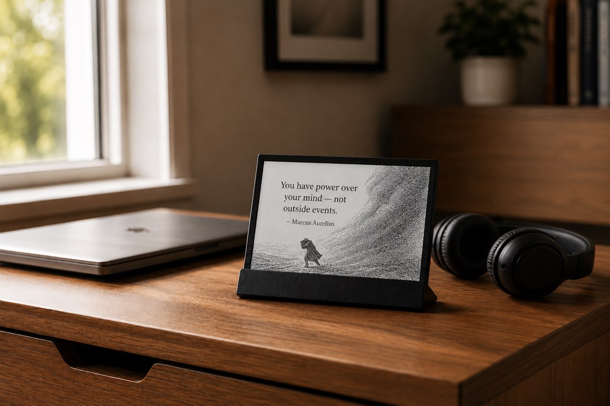 Daily Wisdom display on a wooden desk beside a laptop and headphones, showing a quote from Marcus Aurelius